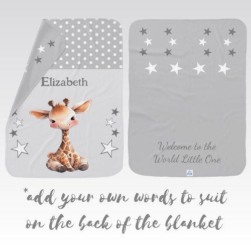 Cute giraffe add name polka dots stars grey baby blanket