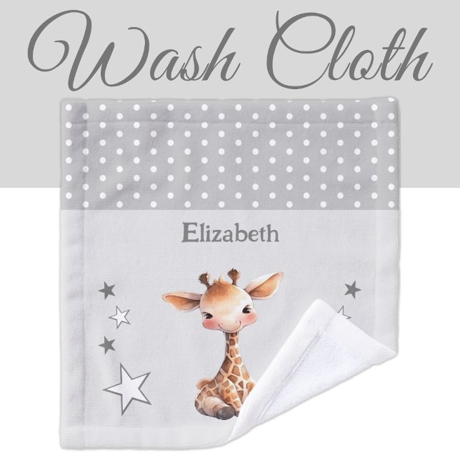 Cute giraffe add name polka dots stars grey wash cloth (Creator Uploaded)