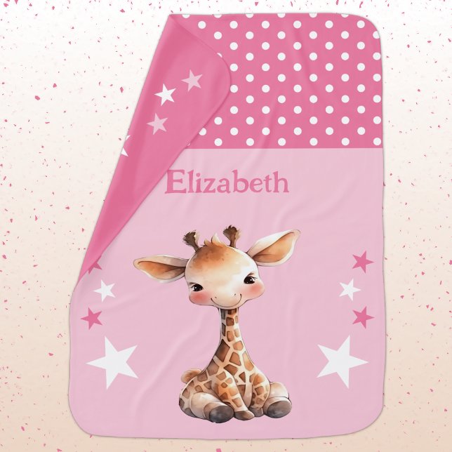 Cute giraffe add name polka dots stars pink baby blanket (Creator Uploaded)
