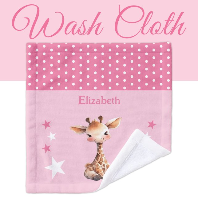 Cute giraffe add name polka dots stars pink wash cloth (Creator Uploaded)