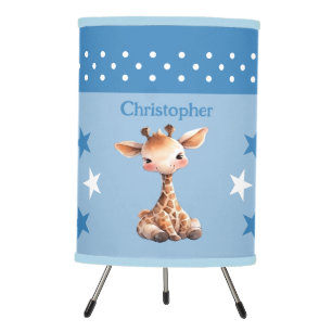 Cute giraffe add name stars blue tripod lamp