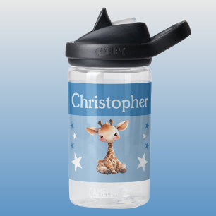 Cute giraffe add name with stars kids blue water bottle