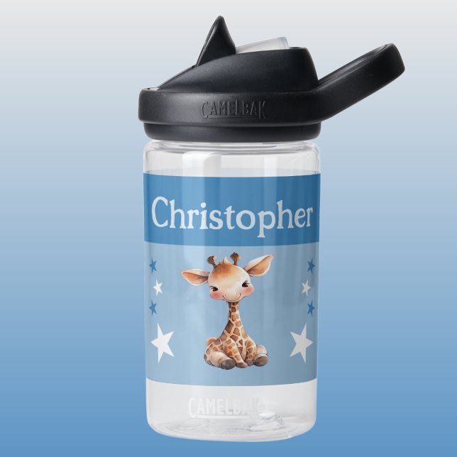 Cute giraffe add name with stars kids blue water bottle (Creator Uploaded)
