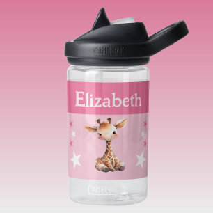 Cute giraffe add name with stars kids pink water bottle