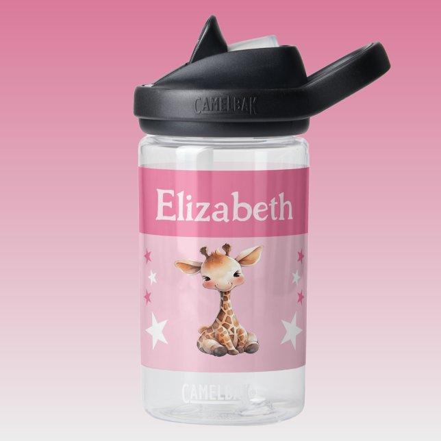 Cute giraffe add name with stars kids pink water bottle (Creator Uploaded)