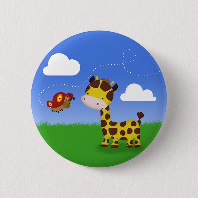 Cute Giraffe and Butterfly Pinback Button (Front)