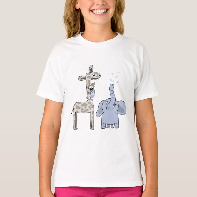 Cute Giraffe and Elephant Girls' T-Shirt (Front)