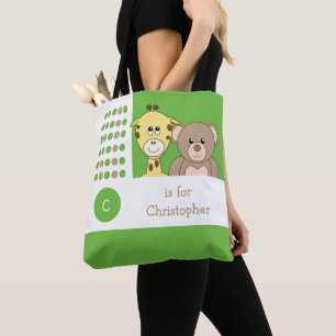 Cute giraffe and teddy bear baby green white toy tote bag