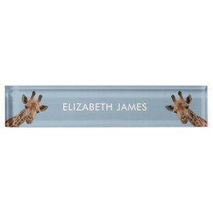 Cute Giraffe Animal Personalized Name - Dusty Blue Desk Name Plate