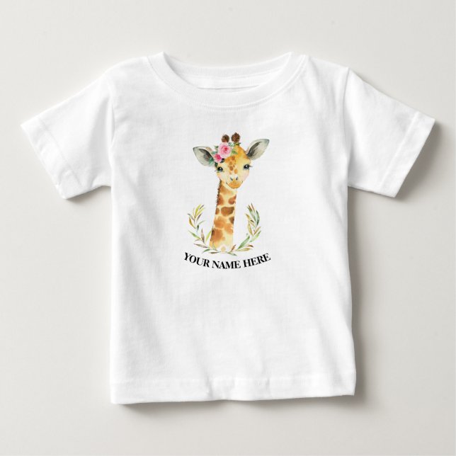Cute Giraffe animals 1st first girl birthday boho Baby T-Shirt (Front)