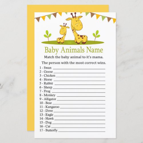 Cute giraffe Baby Animals Name Game