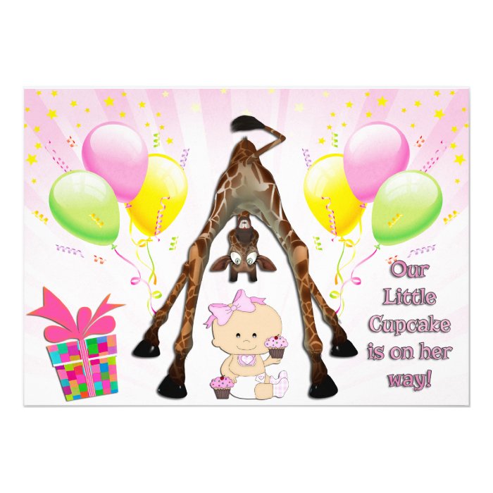 Cute Giraffe & Baby Girl with Cupcakes Baby Shower Custom Invites