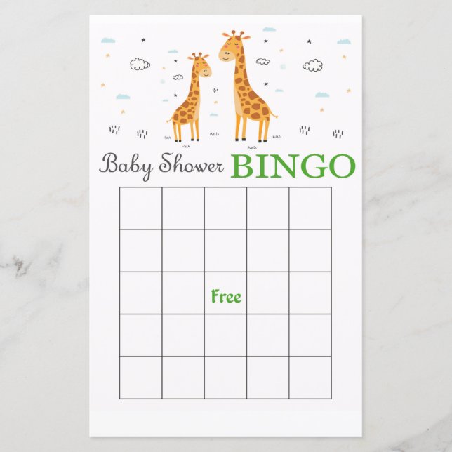 Cute Giraffe baby shower bingo card (Front)
