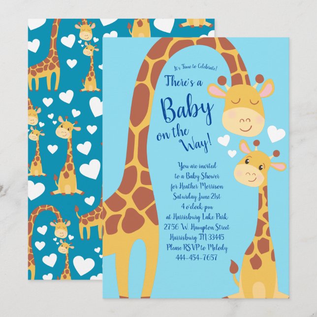 Cute Giraffe Baby Shower Blue Boy Invitation (Front/Back)