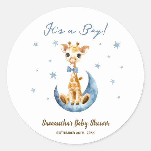 Cute Giraffe Baby Shower Favor Thank You Blue Boy Classic Round Sticker