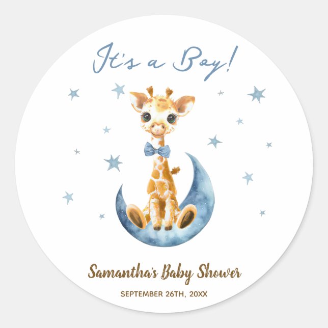 Cute Giraffe Baby Shower Favor Thank You Blue Boy Classic Round Sticker (Front)
