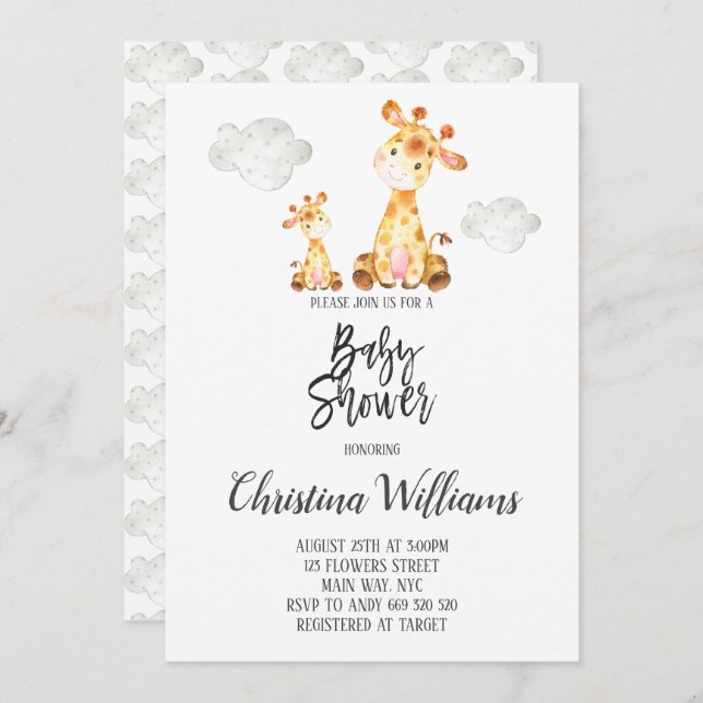 Cute Giraffe Baby Shower Neutral Grey Mom & Baby Invitation (Front/Back)