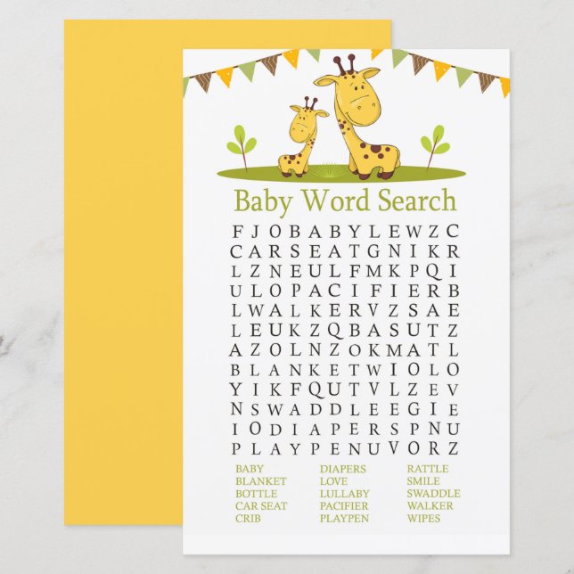 Cute giraffe Baby Shower Word Search Game (Front/Back)