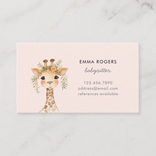 Cute GIraffe Babysitter Childcare provider Business Card (Front)