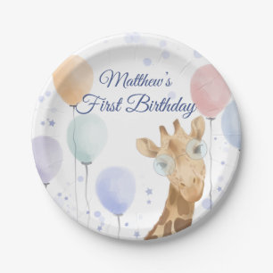 Cute Giraffe Balloon Boy First Birthday Paper Plates