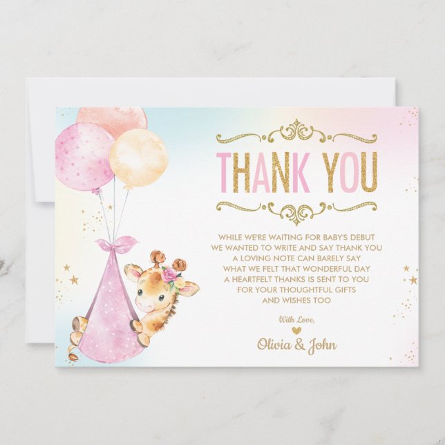 Cute Giraffe Balloons Girl Baby Shower Sprinkle Thank You Card (Front)