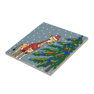 Cute Giraffe Beanie and Scarf with Christmas Tree Ceramic Tile