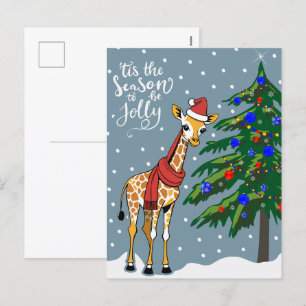 Cute Giraffe Beanie and Scarf with Christmas Tree Holiday Postcard