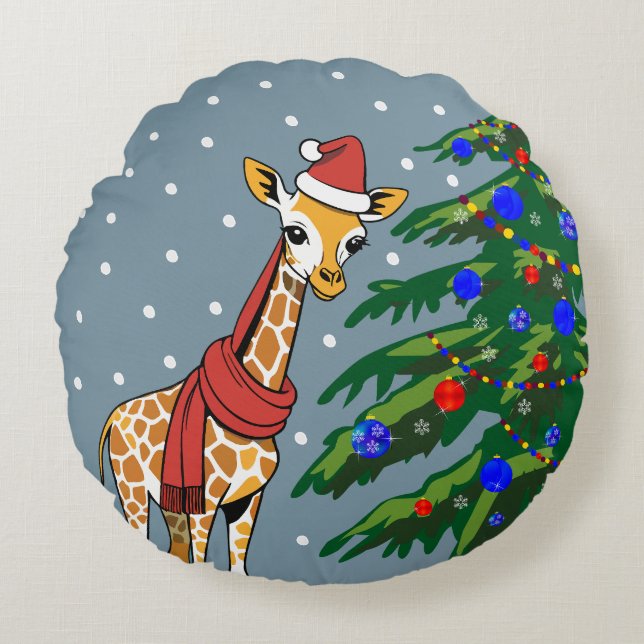 Cute Giraffe Beanie and Scarf with Christmas Tree Round Pillow (Front)