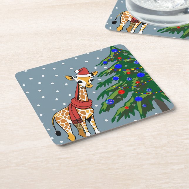 Cute Giraffe Beanie and Scarf with Christmas Tree Square Paper Coaster (Angled)