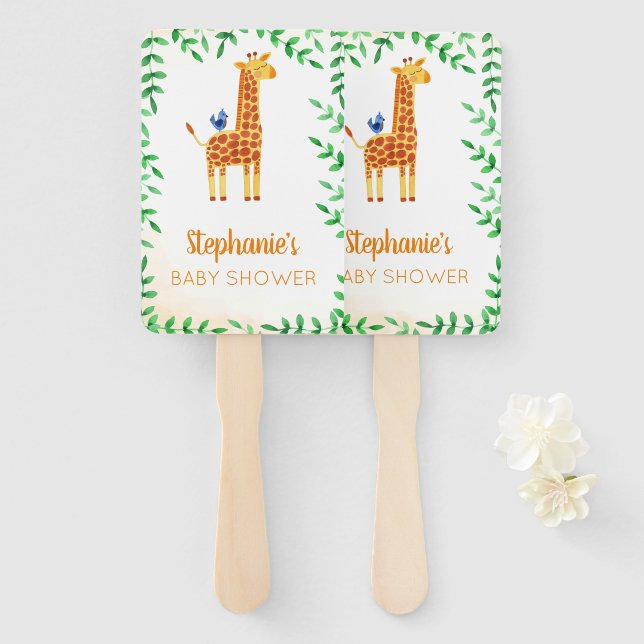 Cute Giraffe & Bird Baby Shower Hand Fan (Front and Back)