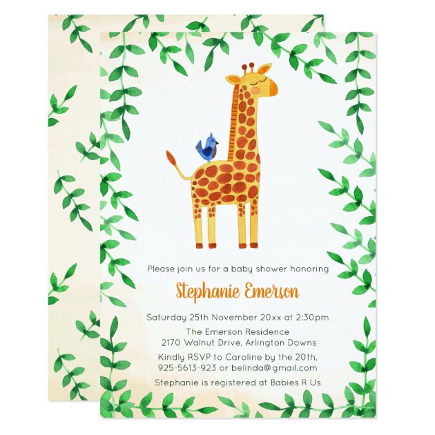 Cute Giraffe & Bird Baby Shower Invitations