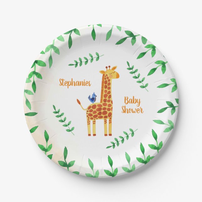 Cute Giraffe & Bird Baby Shower Paper Plates (Front)