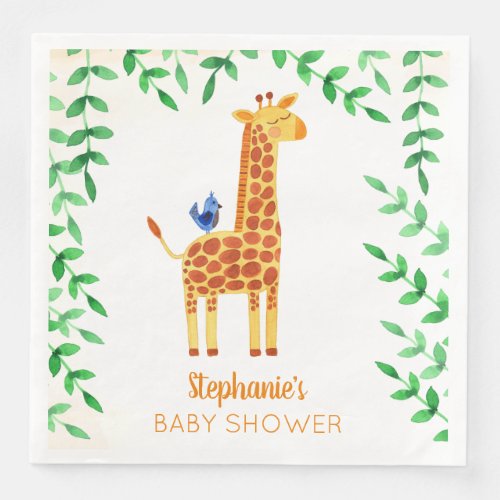 Cute Giraffe  Bird Baby Shower Personalized Paper Dinner Napkins