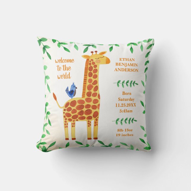 Cute Giraffe & Bird Baby Stats Throw Pillow (Front)