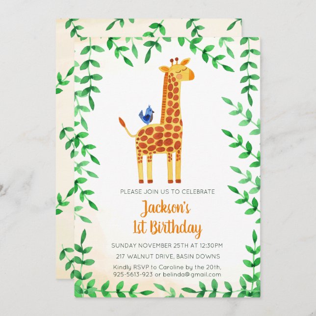 Cute Giraffe & Bird Birthday Invitation (Front/Back)