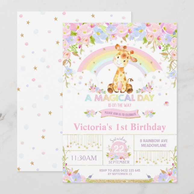 Cute Giraffe Birthday Party Invitation Girl (Front/Back)