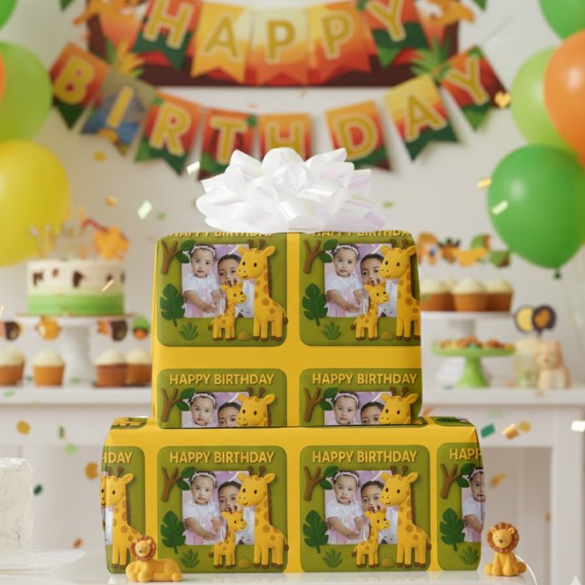 Cute Giraffe Birthday Photo Customizable Wrapping Paper (Creator Uploaded)