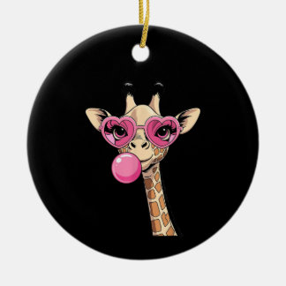 Cute Giraffe Blowing Pink Bubble Gum Sunglasses  Ceramic Ornament