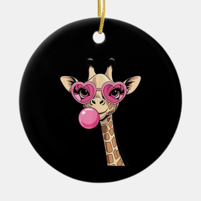 Cute Giraffe Blowing Pink Bubble Gum Sunglasses  Ceramic Ornament (Front)