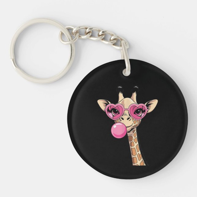 Cute Giraffe Blowing Pink Bubble Gum Sunglasses  Keychain (Front)