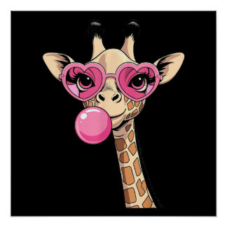 Cute Giraffe Blowing Pink Bubble Gum Sunglasses  Poster