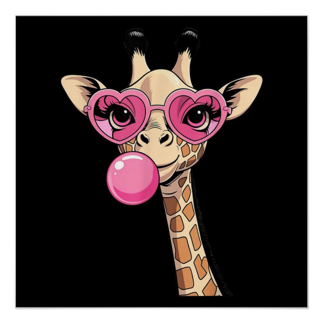 Cute Giraffe Blowing Pink Bubble Gum Sunglasses  Poster (Front)