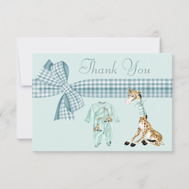 Cute Giraffe Blue Boy Baby Shower Thank You (Front)