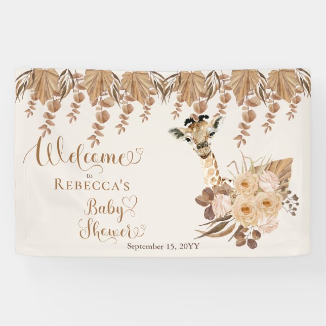 Cute Giraffe Boho Dried Grasses Baby Shower  Banner (Horizontal)