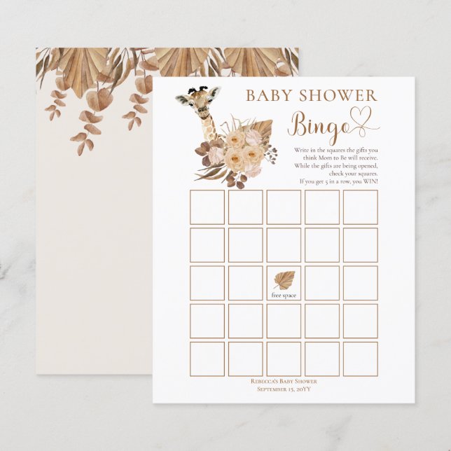 Cute Giraffe Boho Dried Grasses Baby Shower Bingo  (Front/Back)
