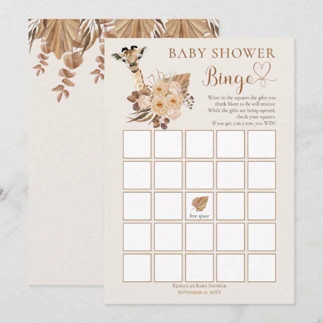 Cute Giraffe Boho Dried Grasses Baby Shower Bingo  Invitation (Front/Back)