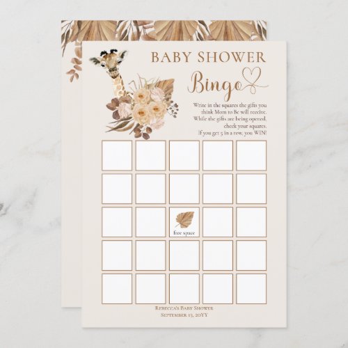 Cute Giraffe Boho Dried Grasses Baby Shower Bingo  Invitation