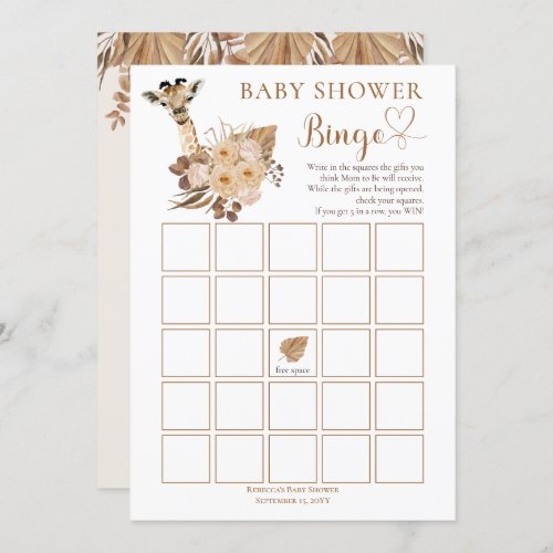 Cute Giraffe Boho Dried Grasses Baby Shower Bingo Invitation