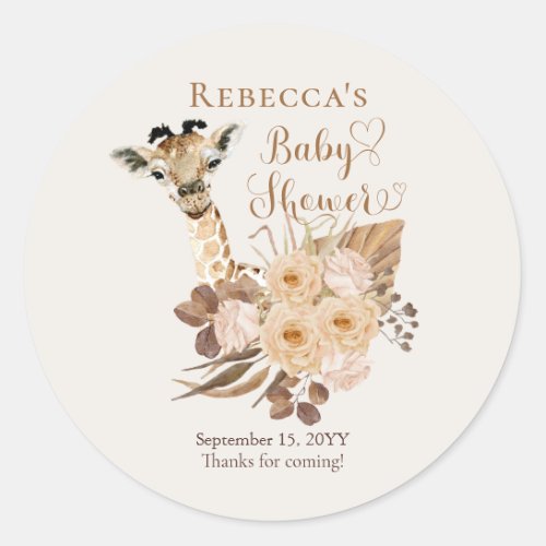 Cute Giraffe Boho Dried Grasses Baby Shower Classic Round Sticker