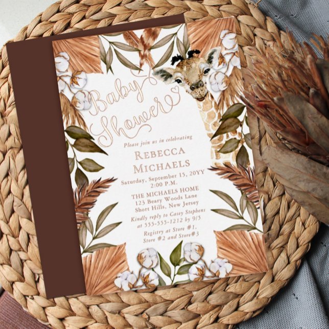 Cute Giraffe Boho Dried Grasses Baby Shower Foil I Invitation (Creator Uploaded)